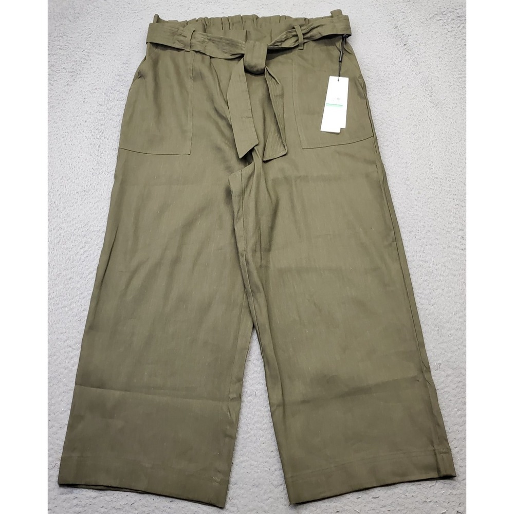 Calvin Klein‎ Pants Womens Large Green Linen Blend Tie Waist Wide-Leg Trouser